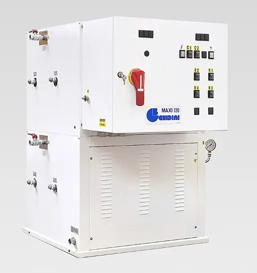 Gerador de vapor Ghidini MAXI 120, Gerador de vapor elétrico e automático duplo, disponível com produção de vapor variável de 108 kW, pressão entre os 4.5 e os 8.5 bars de pressão