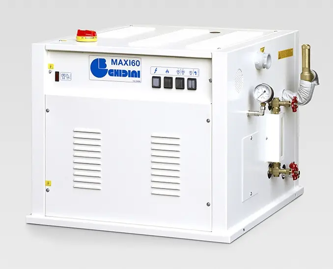 Gerador de vapor Ghidini MAXI 60, com caldeira em Aço INOX 304 de 55 litros ( 19.5 + 19.5 Kw) 53 - 55 Kg / h com regulação ajustavel de 4 a 8.5 BAR