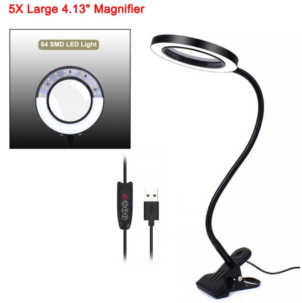 Lupa com aumento 5x com 64 SMD leds e braço flexível