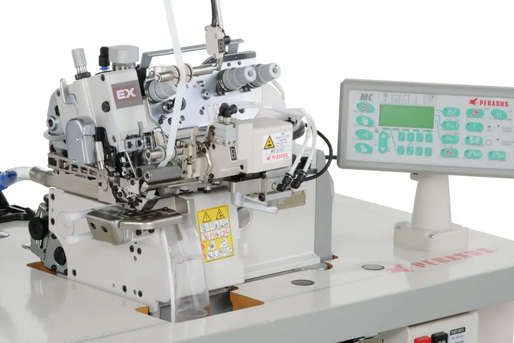 Maquina costura de corte e cose meter elastico Pegasus EX5104D-52D1 / 333-4 / MC401 / Y1709, para elastico de 40mm, com motor servo, tampo e bancada nacional