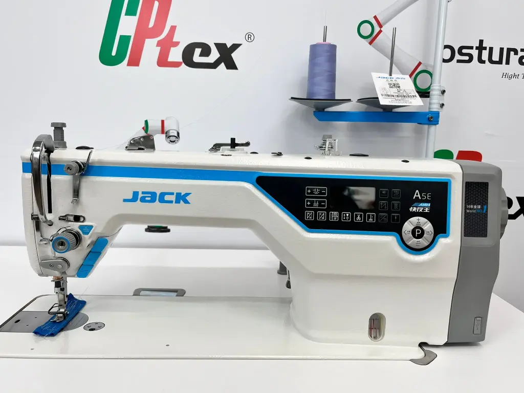 Maquina de costura ponto preso Jack A5E-AMH, com motor servo, tampo e bancada
