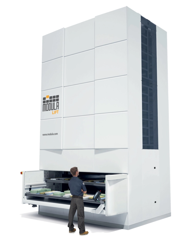 Modula MC25 - Armazém vertical, mínimo consumo de energia, controlo automático do peso no retorno da gaveta, gestão automática das alturas da carga, estrutura em aço zincado.