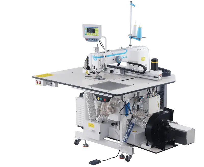 Maquina de costuras programaveis Jack M5+-F11A-F13-F25-X com campo de 80X35cm, corte por laser integrado e tecnologia IOT 4.0 