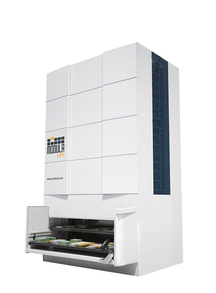 Modula ML25 - Armazém vertical, largura da gaveta de 4100 mm, profundidade da gaveta de 654 mm, peso máximo por gaveta de 250 Kg. 