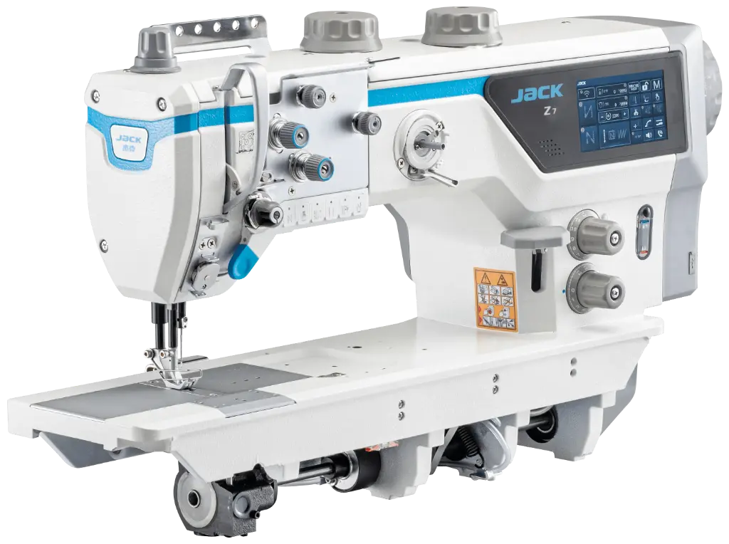 Maquina de costura triplo arrasto Jack JZ7-18100, com tampo, bancada e motor servo