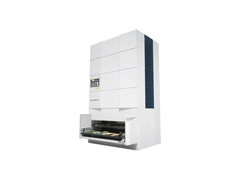 Modula ML50D - Armazém vertical, largura da gaveta de 4100 mm, profundidade da gaveta de 857 mm, peso máximo por gaveta de 250 Kg. 