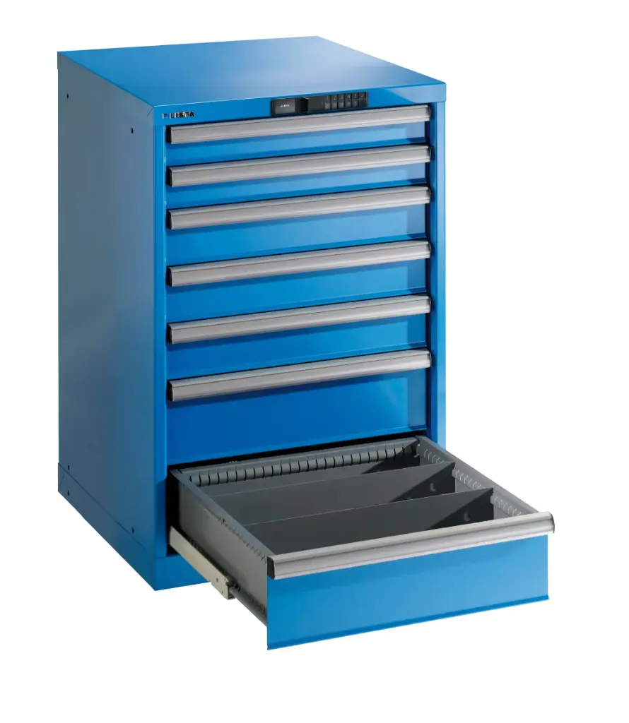 Armario de cajones 27x27E (AxPxA) 564x572x850mm 8 cajones (1x50/2x75/4x100/1x150) 75kg KEY Lock Azul luminoso RAL 5012