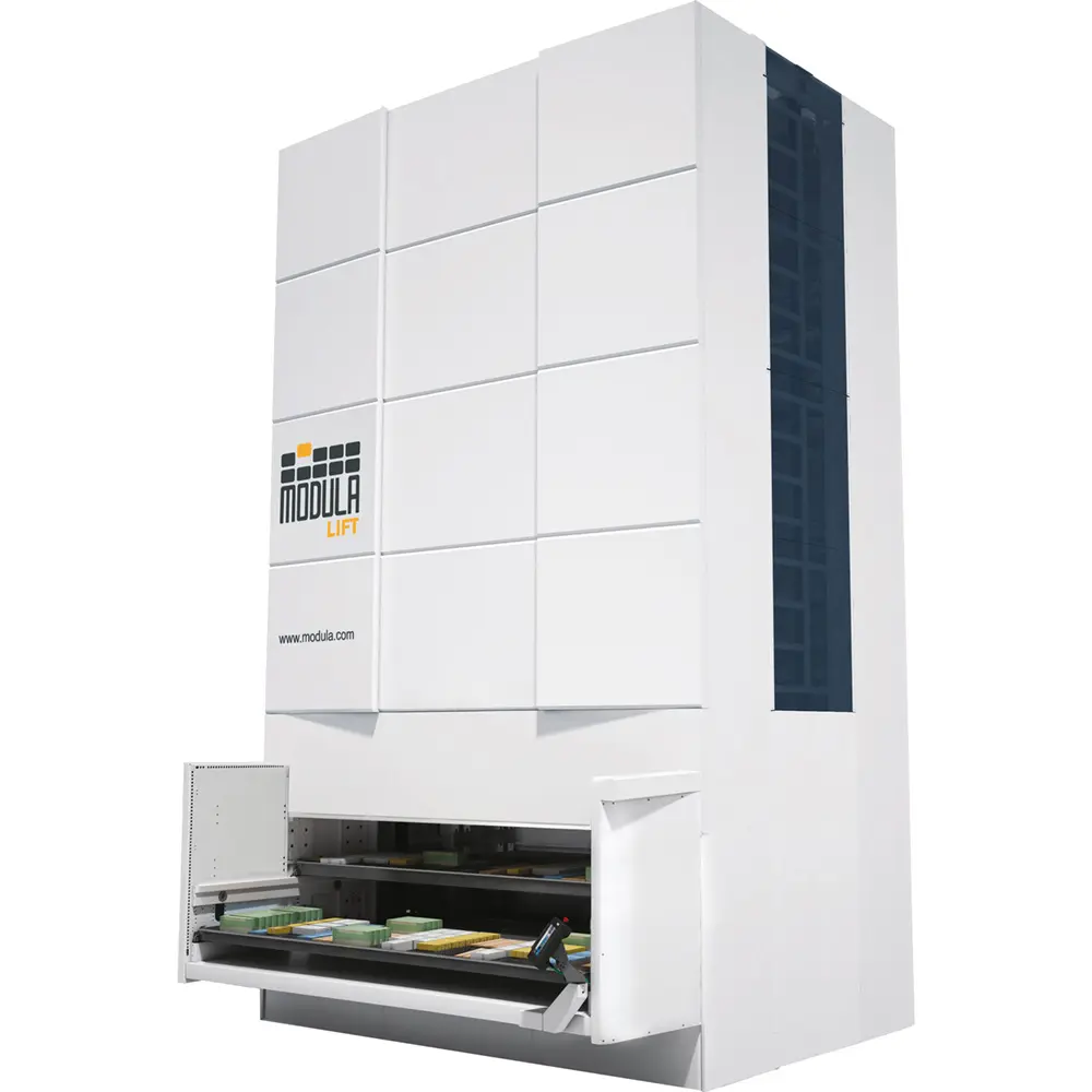 Modula ML75 - Armazém vertical, largura da gaveta de 4100 mm, profundidade da gaveta de 654 mm, peso máximo por gaveta de 750 Kg. 