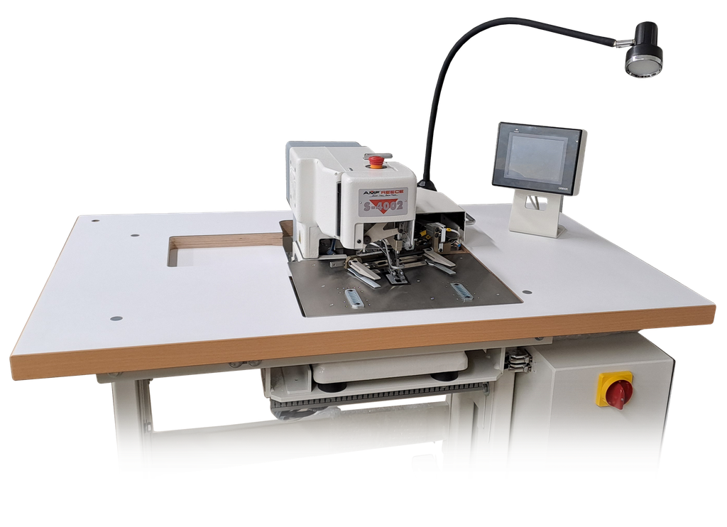Máquina de Casear para mangas de casacos com alimentador eletrônico e indexador de ângulo de 30° graus AMF Reece S-4002 ISBH+I 30°