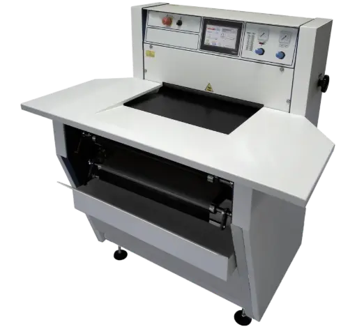 [Gmp.PR10/T] Maquina termocolagem Giemmepi PR10 Line H-600mm para colar entretela em colarinhos e punhos de camisas, ecrã touch 7" com 24 programas ,arrefecimento de circuito fechado integrado