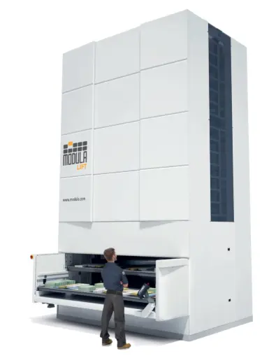 [Modula.MC25] Modula MC25 - Armazém vertical, mínimo consumo de energia, controlo automático do peso no retorno da gaveta, gestão automática das alturas da carga, estrutura em aço zincado.