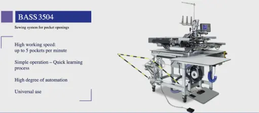 [ASS.3504/1] Posto automático de meter bibos de bolsos de casaco BASS 3504 / 1, com aspiração, empilhador e conjunto de costura de 12mm
