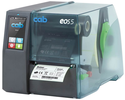 [CAB.EOS5] Impressora CAB EOS 5 com 300 dpi de resolução e com cortador automático, ideal para a impressão de etiquetas em Poliamida, Nylon, Poliester, Cetim, com saída de material frontal e cortador integrado, largura de impressão variável, design robusto – Mecanismo transparente para que possa ver o interior da máquina, display LCD a cores com touch screen para uma utilização intuitiva, ribbon IN ou Out, rolos 400 metros Resolução 300 dpi, interfaces standard: Cartão de memória, Wi Fi,  USB, Ethernet, Série RS 232. Com oferta de software Bartender lite
