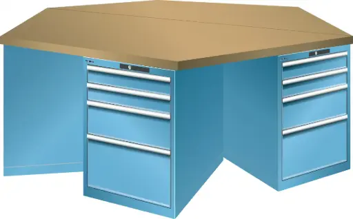 [Lst.70.328.010] Bancada de trabalho hexagonal 27x36E (AxPxA) 2500x2165x840mm 6 x 4 caixões (2x100/1x200/1x300) 75kg Multiplex RFID Lock Azul luminoso RAL 5012
