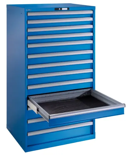 [Lst.78.717.010] Armario de gavetas 45x36E (AxPxA) 870x725x1450mm 13 gavetas (4x75/6x100/3x150) 200kg CODE Lock Azul luminoso RAL 5012