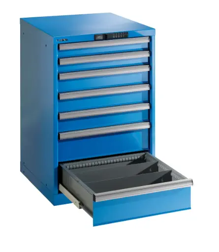 [Lst.14.250.010] Armario de gavetas 27x27E (AxPxA) 564x572x850mm 8 gavetas (1x50/2x75/4x100/1x150) 75kg KEY Lock Azul luminoso RAL 5012