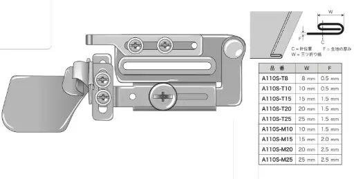 [Suissei.A110S.T8] Guia Bainhas Duplas com suporte de abrir - para bainhas de 8mm a virar 6mm para material de 0.5mm Suisei